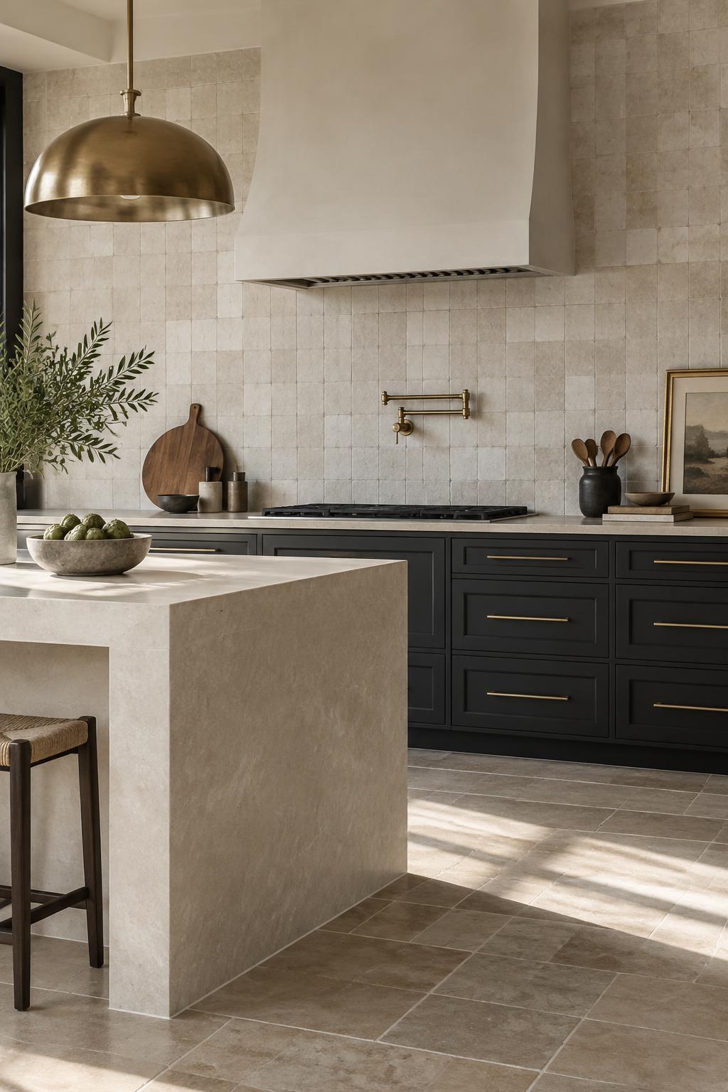 Illustrative contemporary kitchen with tiled backsplash and stone island