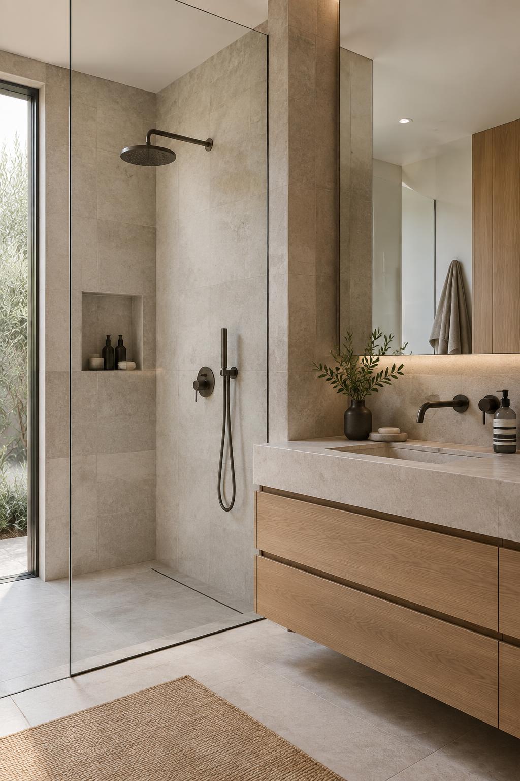 Illustrative modern bathroom with porcelain tile and glass shower